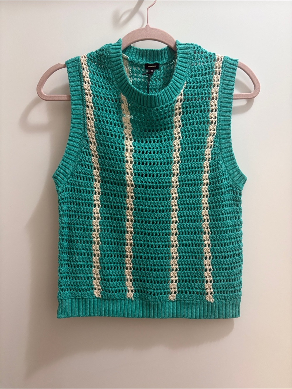 Monrow Teal Crochet Tank with Cream Stripes